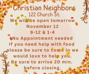 Christian Neighbors Pantry open Tuesday, Nov. 12 @ Christian Neighbors Pantry